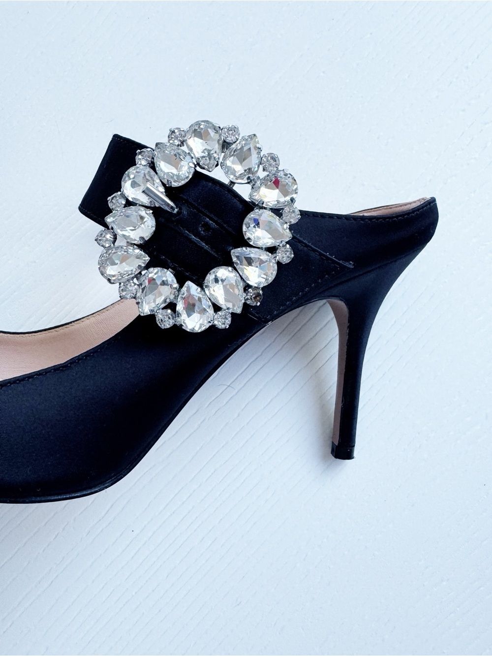 J.Crew Elsie Mary Jane Satin Mules Jewel Buckle Black Heels Made in Italy Size 6 - Picture 4 of 12